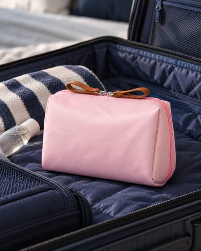 Pink Compact Makeup Bag in a slate-blue linen setting