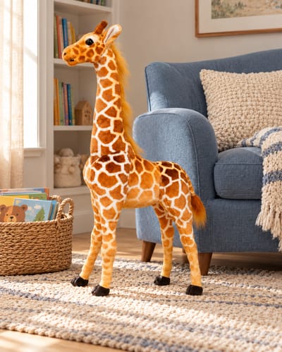 Giraffe plush on a wooden bench beside a terracotta cushion