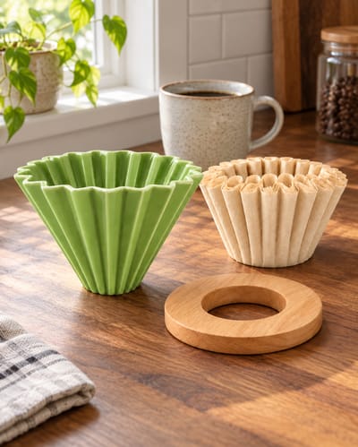 Green Flower Pour-Over Set on a cool gray stone surface