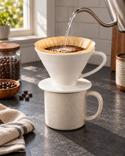 White Ceramic Pour-Over Dripper on a cool gray stone surface