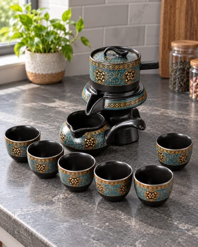Teal Floral Stone-Mill Tea Set on a cool gray stone surface
