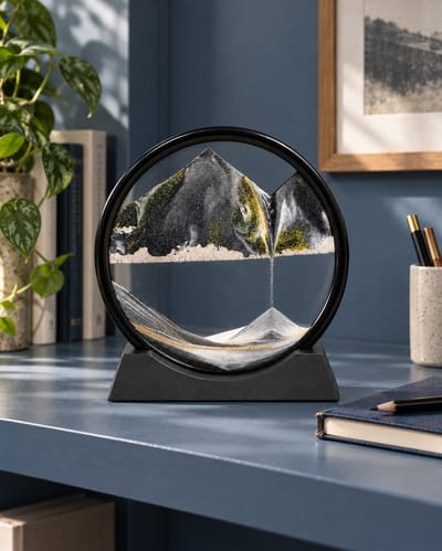 Black Moving Sand Art against a muted matte-paper background
