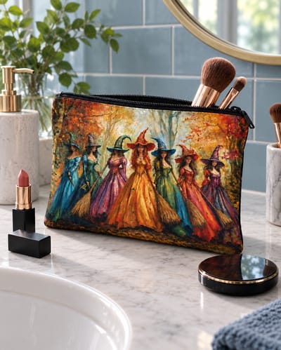 Woodland Witch makeup pouch on muted terracotta matte paper with its existing makeup props.