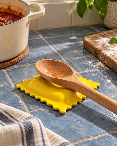 Yellow ravioli spoon rest with a wooden spoon on a terracotta kitchen counter