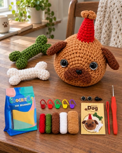 Dog Crochet Kit on natural oatmeal linen