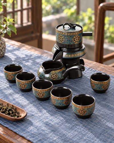Teal Floral Stone-Mill Tea Set on a shaded stone garden ledge