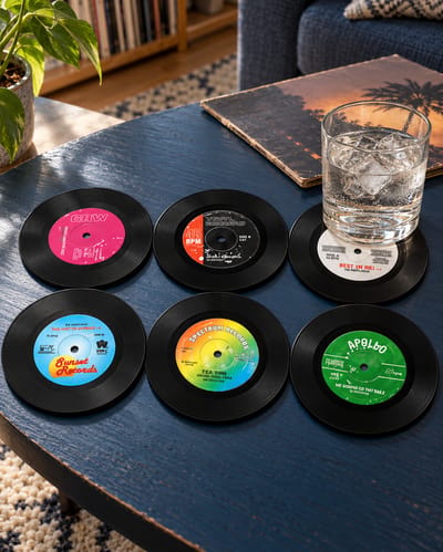 Six colorful vinyl-record coasters on a neutral background
