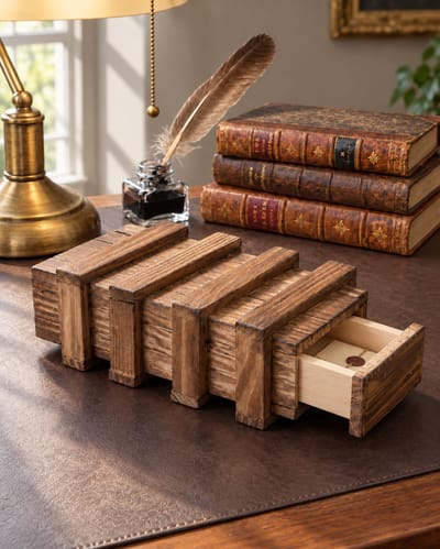 Wooden secret-drawer puzzle box with its lower drawer partly open on a study desk
