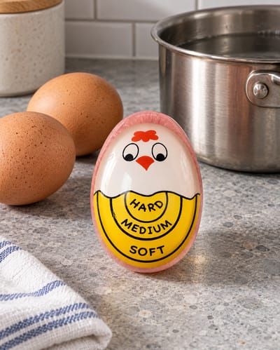 Color-Changing Egg Timer on a cool gray stone surface