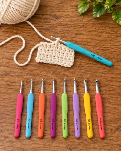 Nine color-handled crochet hooks with a turquoise hook in a cream yarn swatch
