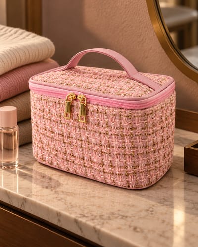Pink Textured Makeup Case against a muted matte-paper background