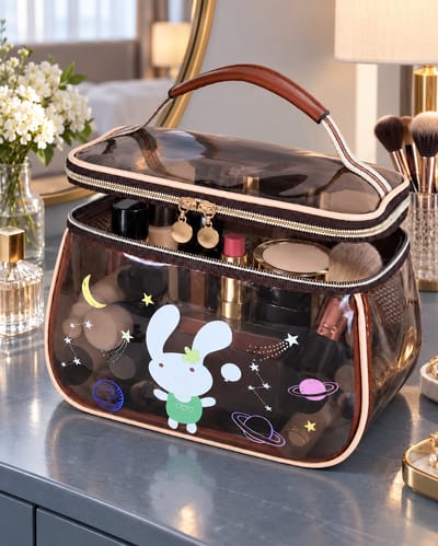 Bunny-print makeup case and contents on muted warm olive linen