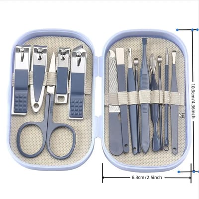 Blue Manicure Set: Open blue case with supplier measurements