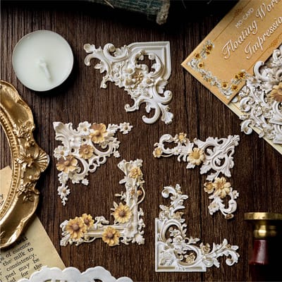 Ornate Floral Corner Stickers: Close-up of the selected white and gold corners
