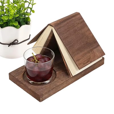 Wooden Book Rest with Cup Holder: Book resting over the top ridge