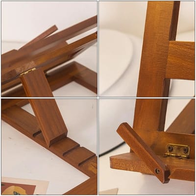 Folding Wooden Book Stand: Hinges and angle adjustment slots