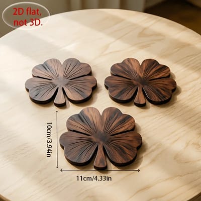 Clover Wooden Coaster Set: Coaster shape and supplier measurements