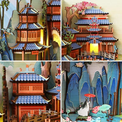 Mountain Village Book Nook Kit: Close-ups of the miniature buildings