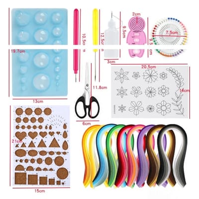 Colorful Paper Quilling Kit: Tools and paper with supplier measurements