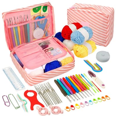 Pink Stripe Crochet Starter Set: Pink stripe case and kit contents