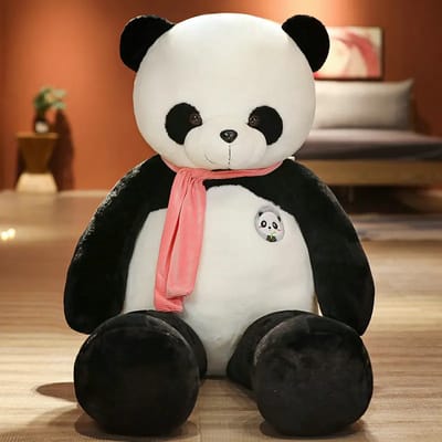 Panda Plush with Pink Scarf: Front view of the pink-scarf panda