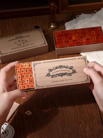 Foreground: the selected alphabet stamp box with its lid partly open. Other boxes are supplier staging.