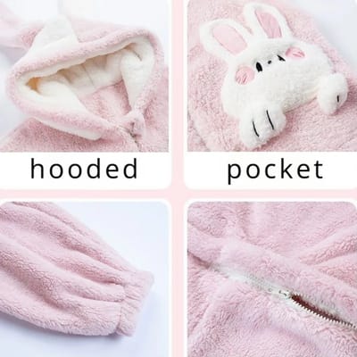 Pink Bunny Onesie and Slippers: Hood, pocket, cuff and zip details