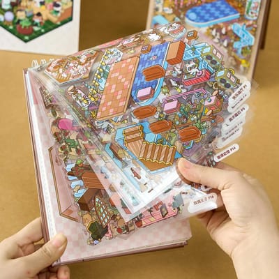 Miniature Scene Sticker Book: Turning through the sticker pages
