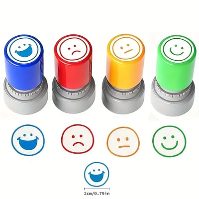 Classroom Feedback Stamp Set: Four stamps and their printed impressions