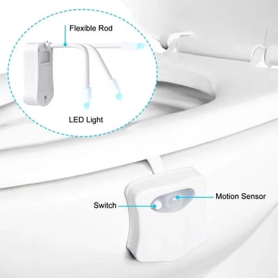 Motion-Sensor Toilet Bowl Light: Flexible arm, switch and motion sensor