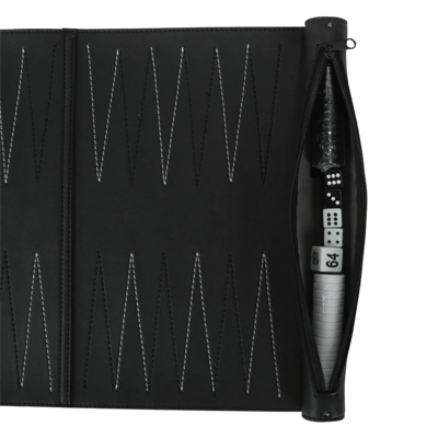 Black Roll-Up Backgammon Set: Pieces stored in the side compartment
