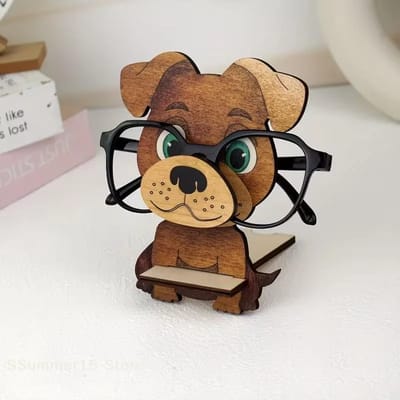 Dog Eyeglasses Holder: Angled view of the brown dog holder