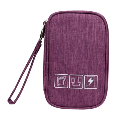 Purple Travel Cable Organizer: Purple exterior, zip and wrist strap