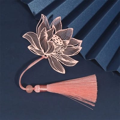 Pink Lotus Metal Bookmark: Lotus cutout and tassel