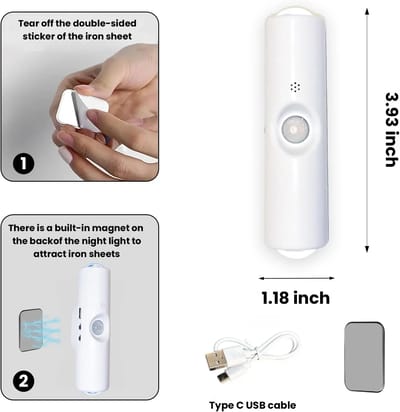 Color-Changing Motion Lights: Mounting pad, charging cable and measurements