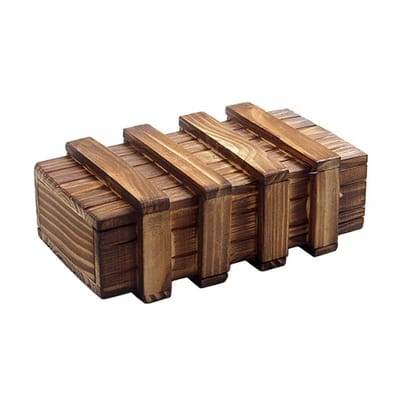 Closed wooden puzzle box viewed from an angle.