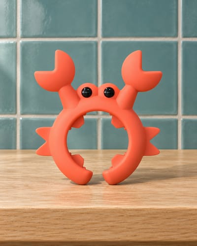 Red silicone crab utensil rest with raised claws on a wooden counter