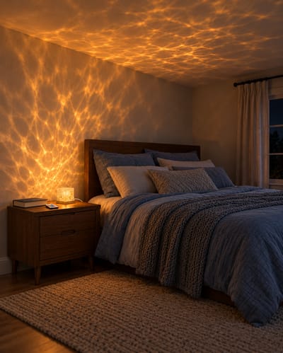 Cube lamp on a nightstand casting amber water ripples across a bedroom wall and ceiling