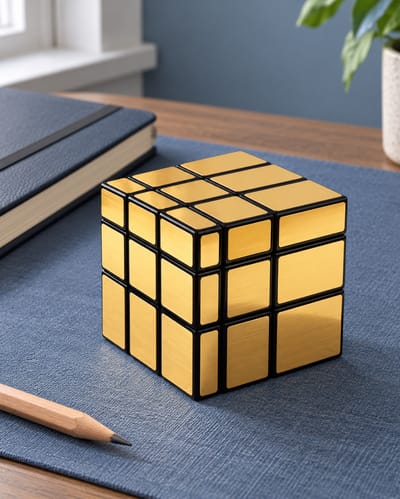 Solved 3 by 3 mirror cube view.