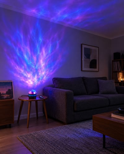 Aurora projector on a side table filling a living room ceiling and wall with purple and blue light