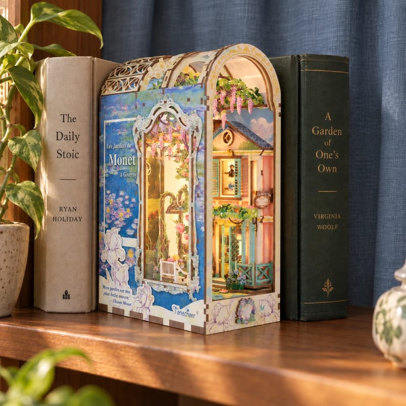 Giverny Garden Book Nook Kit in a slate-blue linen setting