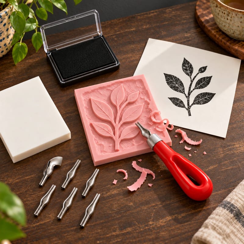 Rubber Stamp Carving Kit on a walnut surface