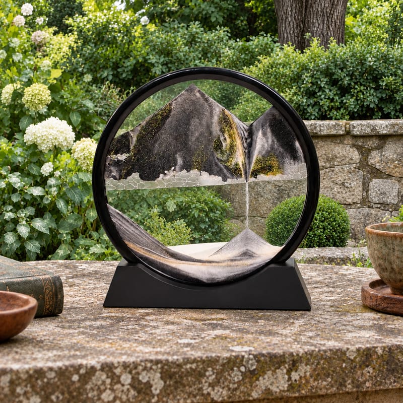 Black Moving Sand Art on a shaded stone garden ledge