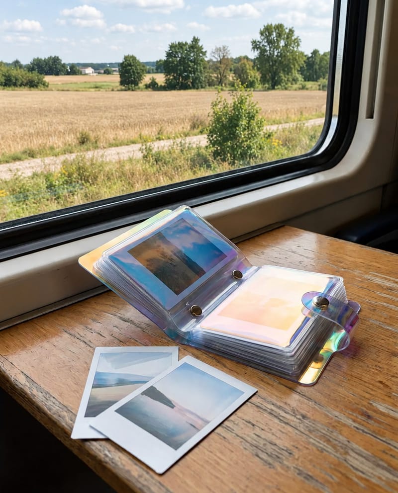 Iridescent pocket photo album open beside a train window