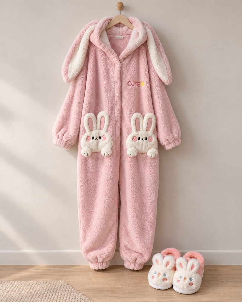 Pink bunny onesie hanging beside its matching bunny slippers