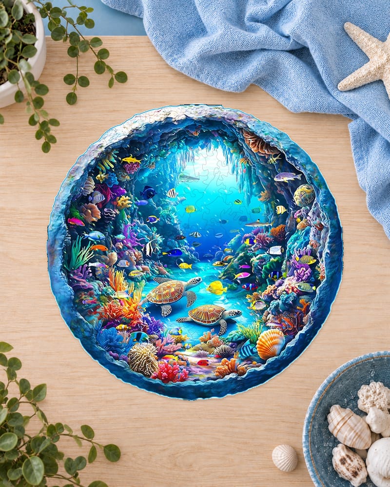 Round wooden ocean-scene puzzle with clearly defined piece cut lines