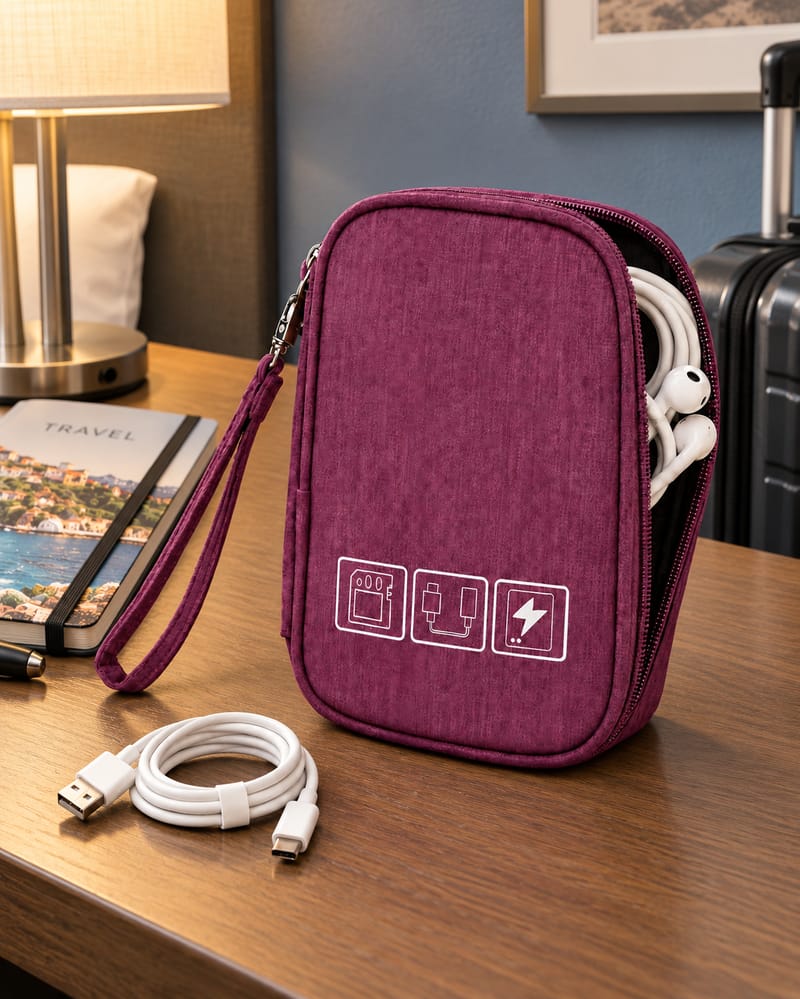 Purple travel cable organizer and accessories on muted warm olive linen