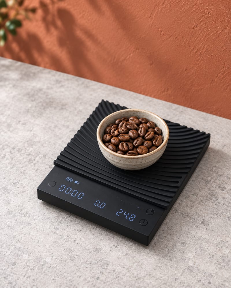 Black coffee scale with a ridged silicone pad, holding a bowl of coffee beans