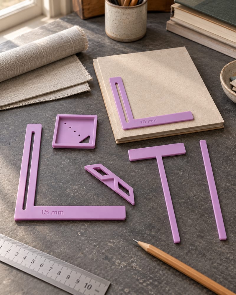 Purple Bookbinding Guides on a walnut surface