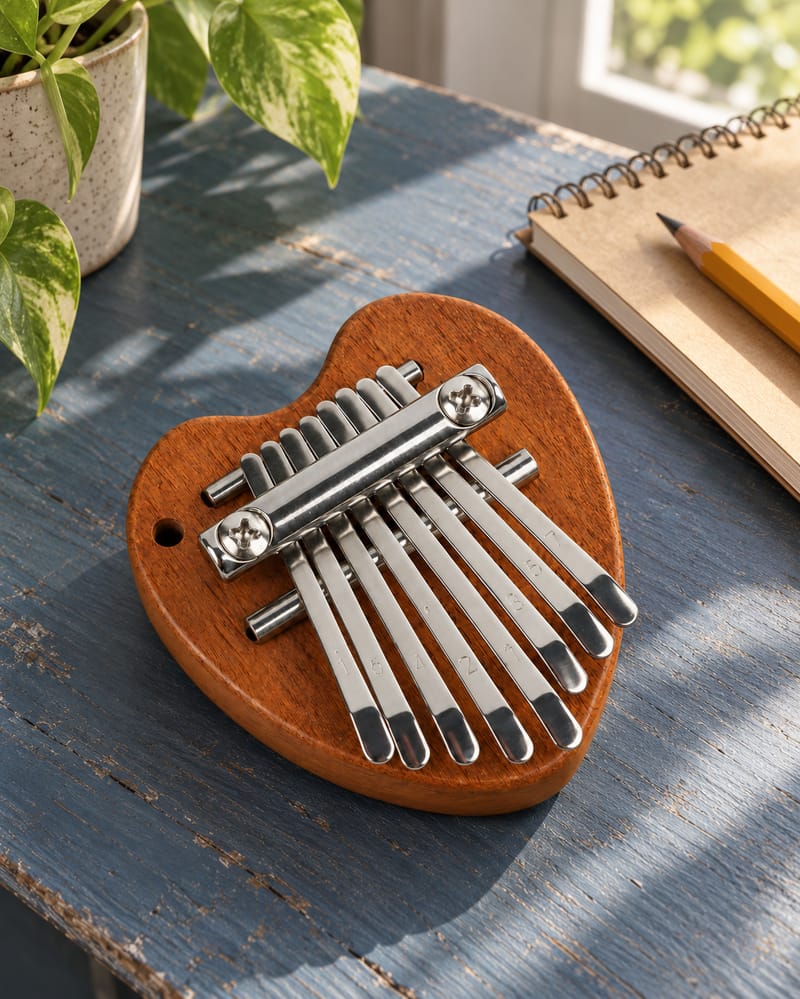 8-Key Mini Kalimba on a shaded stone garden ledge